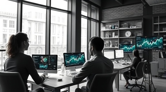 cutting-edge digital marketing trends, curious, analyzing social media analytics, photorealistic, chic urban co-working space with large windows, highly detailed, interactive screens, 8k resolution, monochrome aesthetic, daylight lighting, shot with a telephoto lens.