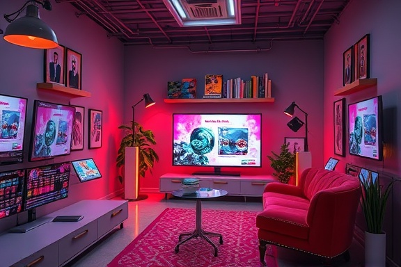 Innovative AI advertising, creative, designing targeted ads, photorealistic, creative studio with vibrant decor, highly detailed, ad previews rotating on screens, user interaction data, bright and vibrant hues, studio lighting, shot with a 50mm lens.