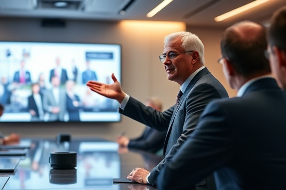 strategic corporate vision, determined and charismatic, leading a presentation, photorealistic, sleek boardroom with a digital screen, highly detailed, animated visuals and engaging audience, 24mm lens, sharp contrast, bright artificial light, shot with a Canon EF 24-70mm f/2.8L lens.