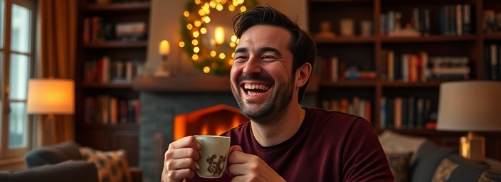 cheerful chris portrait, laughing, holding a coffee mug, photorealistic, a cozy living room with a fireplace and bookshelves, highly detailed, flickering firelight and shadows, 50mm f/1.4 lens, warm ambient lighting, shot with a Leica M10