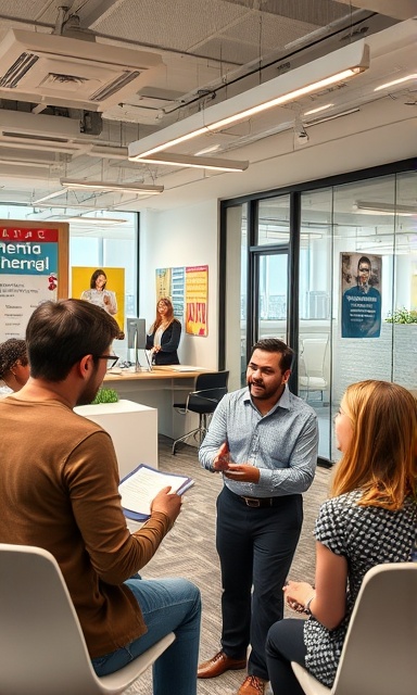 engaging media marketing discussion, enthusiastic, presenting concepts, photorealistic, open-space office with inspirational posters and glass partitions, highly detailed, lively atmosphere, clear imagery, vibrant colors, daylight lighting, shot with an 85mm lens.
