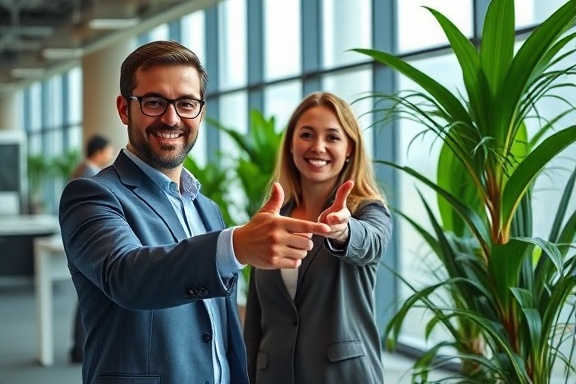 friendly daley background, welcoming, pointing to a presentation, photorealistic, a modern office with large windows and green plants, highly detailed, people moving in the background, 85mm f/1.2 lens, bright indoor lighting, shot with a Sony Alpha 7R IV