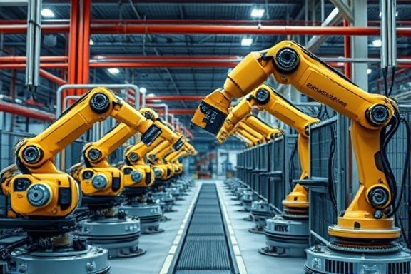 Efficient AI automation, dynamic, improving workflows, photorealistic, smart factory with robotic arms, highly detailed, machines operating smoothly, optimized processes, metallic shades, industrial lighting, shot with a 24mm lens.