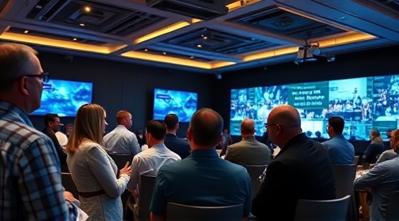 immersive digital media conference, engaged, sharing insights, photorealistic, sophisticated conference hall with interactive displays, highly detailed, dynamic exchange, precise focus, balanced colors, mixed lighting, shot with a telephoto lens.