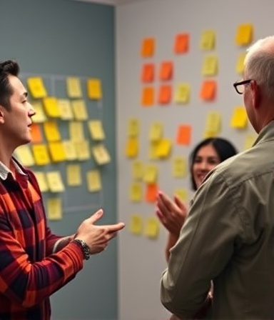 Experienced reputation strategist, proactive expression, crafting campaign strategy, photorealistic, brainstorming room filled with post-it notes, highly detailed, dynamic collaboration, f/4 aperture, warm colors, sidelights, shot with a 24mm lens.