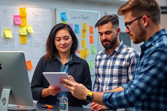 innovative digital marketing tools, focused, presenting a new tool to colleagues, photorealistic, creative workspace with whiteboards and post-it notes, highly detailed, tech gadgets, 8k resolution, colorful, ambient natural lighting, shot with a macro lens.