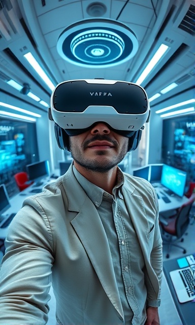 advanced digital marketing tools, confident, using VR headset for a campaign, photorealistic, high-tech office with futuristic decor, highly detailed, holographic interfaces, 8k resolution, cool tones, spot lighting, shot with a fisheye lens.