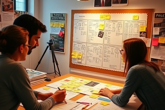 dynamic media planning session, concentrated, mapping out timelines, photorealistic, creative workspace with pinboards and sticky notes, highly detailed, thoughtful expressions, vivid description, warm hues, ambient lighting, shot with a 35mm lens.