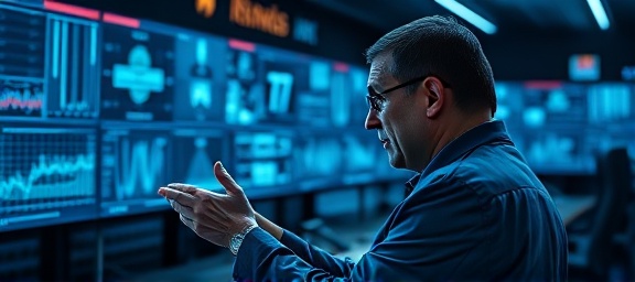 clear strategic vision, focused, analyzing data on a touchscreen, photorealistic, high-tech control room, highly detailed, flickering screens and data flows, 35mm lens, blue hues, artificial lighting, shot with a Sigma 35mm f/1.4 Art lens.