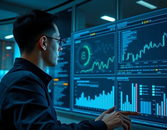 Expansive AI analytics, focused, presenting insights on a digital dashboard, photorealistic, tech startup office with glass walls, highly detailed, data visualizations in motion, code execution, cool tones, soft ambient lighting, shot with a 35mm lens.