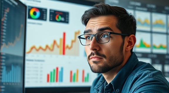Skilled reputation analyst, curious expression, interpreting reputation score trends, photorealistic, detailed charts and graphs in view, highly detailed, analytics software on screen, ISO 400, muted colors, bright backlighting, shot with a 35mm lens.