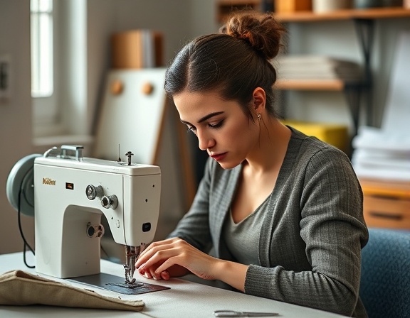 diligent mission tailoring, determined, sewing with precision, photorealistic, small and organized studio, highly detailed, sewing machine in action, 85mm lens, neutral colors, diffused daylight, shot with a Nikon 85mm f/1.4G lens.