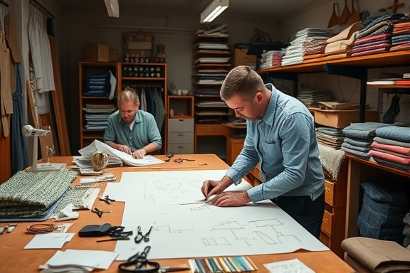 purpose-driven mission tailoring, focused and meticulous, cutting fabric patterns, photorealistic, cluttered yet organized workshop, highly detailed, scissors and fabric swatches, 35mm lens, earthy tones, overhead spotlight, shot with a Sony 35mm f/1.8 lens.