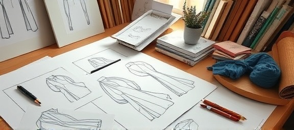 forward-thinking vision tailoring, creative, sketching new designs, photorealistic, artist's desk surrounded by sketches, highly detailed, flowing lines and forms, 50mm lens, pastel colors, soft morning light, shot with a Nikon 50mm f/1.8 lens.