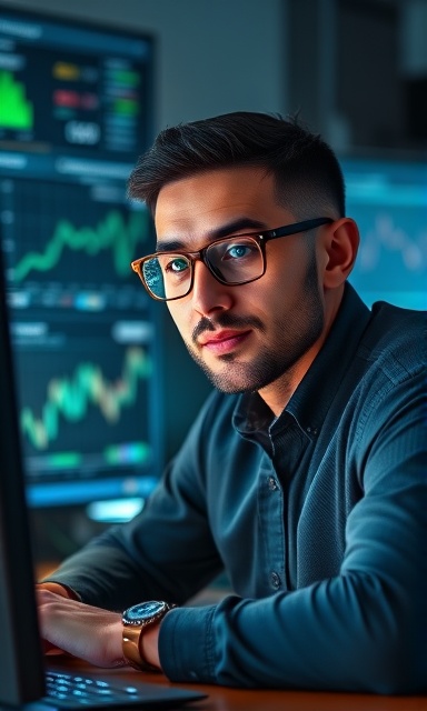 Dedicated reputation manager, analytical expression, calculating reputation score, photorealistic, high-tech office desktop, highly detailed, real-time digital metrics, 1/125 shutter speed, cool colors, ambient lighting, shot with a 35mm lens.