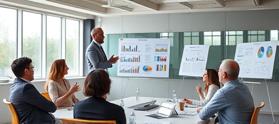 ambitious business mission, inspiring, leading a brainstorming session, photorealistic, spacious conference room with charts and graphs, highly detailed, dynamic team interactions, 28mm lens, balanced colors, overhead lighting, shot with a Canon RF 28-70mm f/2L lens.