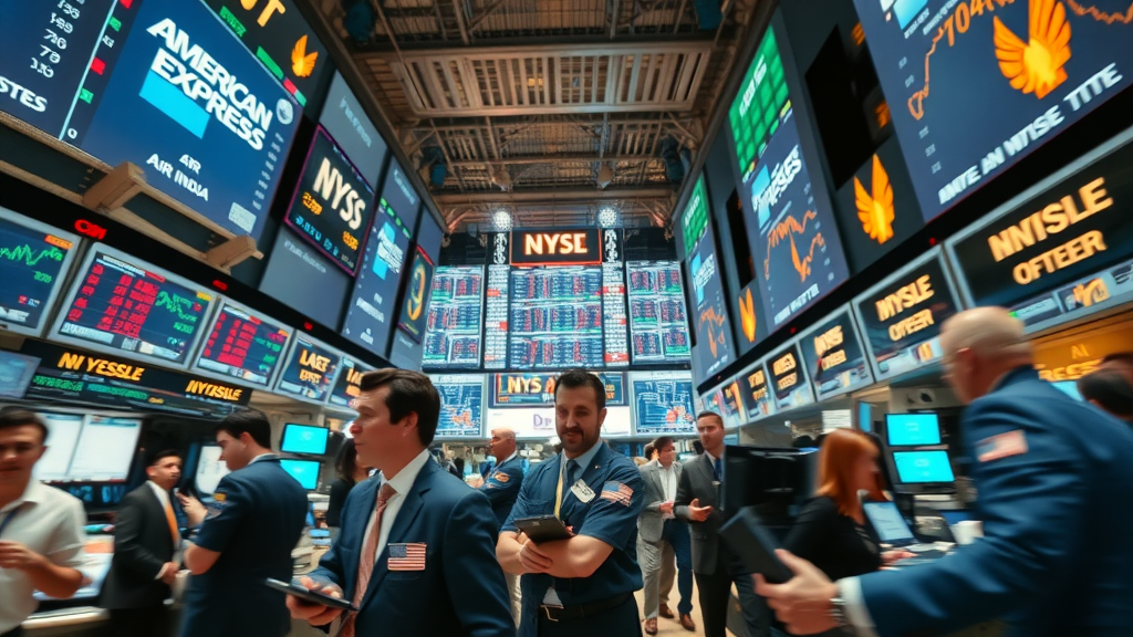 bustling global stock market floor with investors, digital displays streaming American Express and Air India data, economic graphs