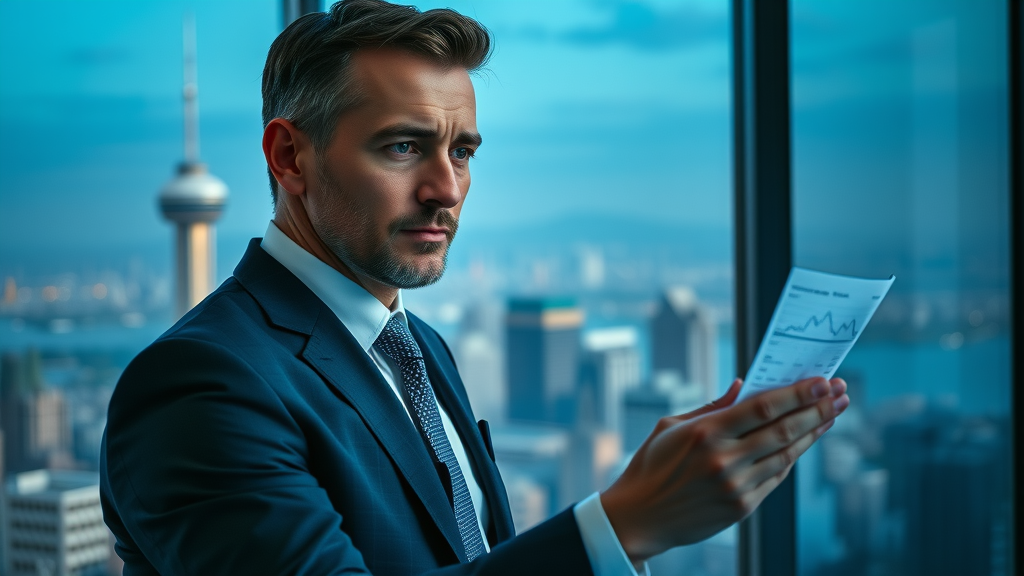 thoughtful business professional reviewing digital financial reports in high-rise office with city skyline, real-time business analytics