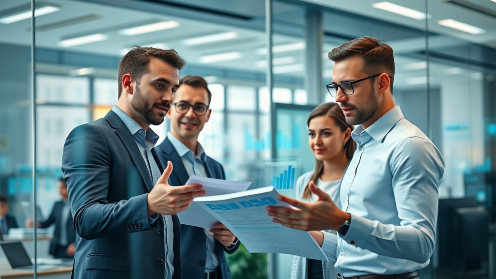 dynamic business professionals discussing marketing ROI data in a modern office with digital marketing results and analytics on screen