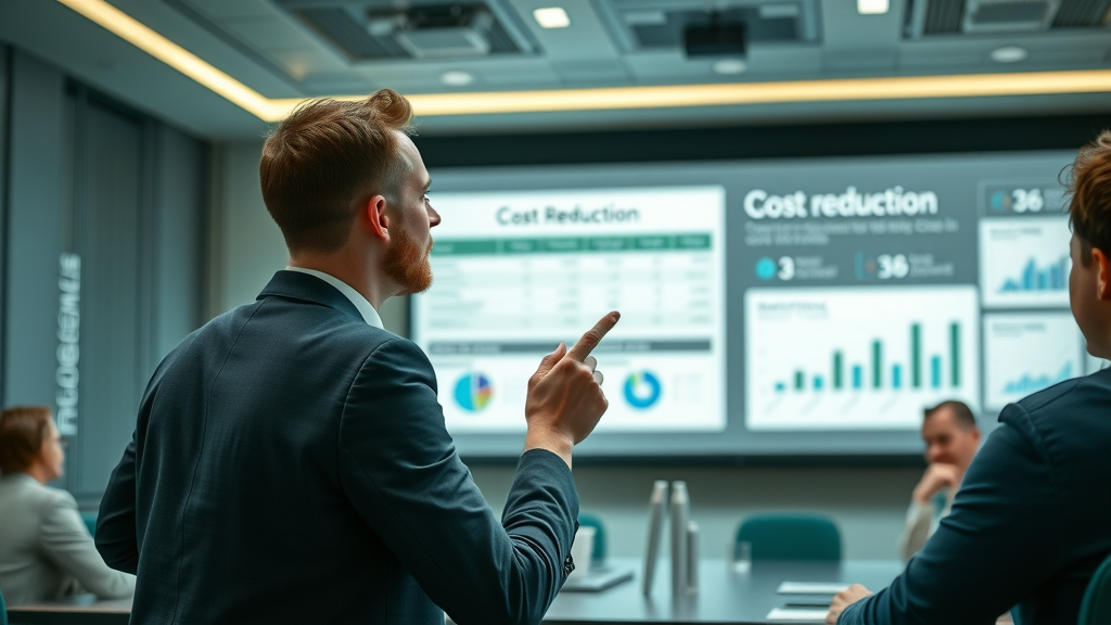 innovative marketing manager presenting cost reduction strategies to enhance marketing ROI effectiveness on digital projection