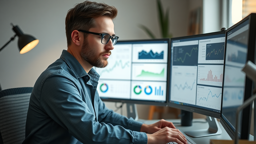 meticulous marketing specialist setting up tracking systems and dashboards for measuring marketing ROI consistently