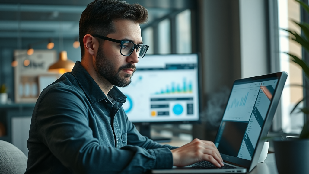 analytical marketer reviewing marketing channels on laptop with marketing ROI dashboards