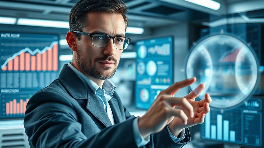 futuristic marketing analyst using interactive data and technology to improve marketing ROI with analytics dashboards and holograms