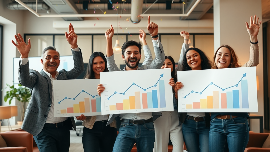 successful business team celebrating marketing ROI success with digital charts and growth visualizations