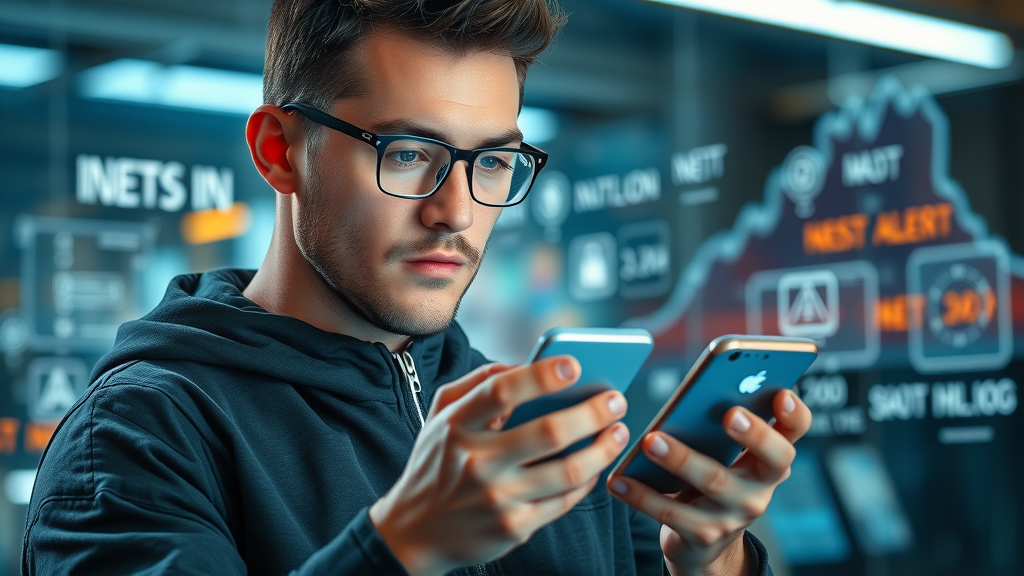 innovative smartphone user, receiving real-time business news notifications, digital alert overlays, futuristic business updates