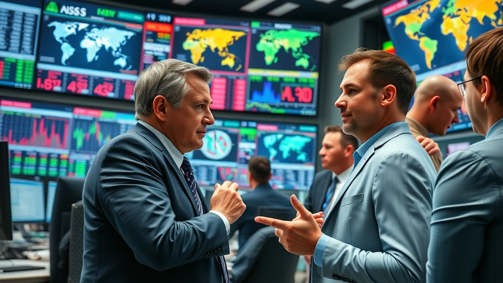 dynamic newsroom environment, professionals monitoring digital market data, focused expressions, discussing breaking headlines, Photo showing live business news tickers and global maps