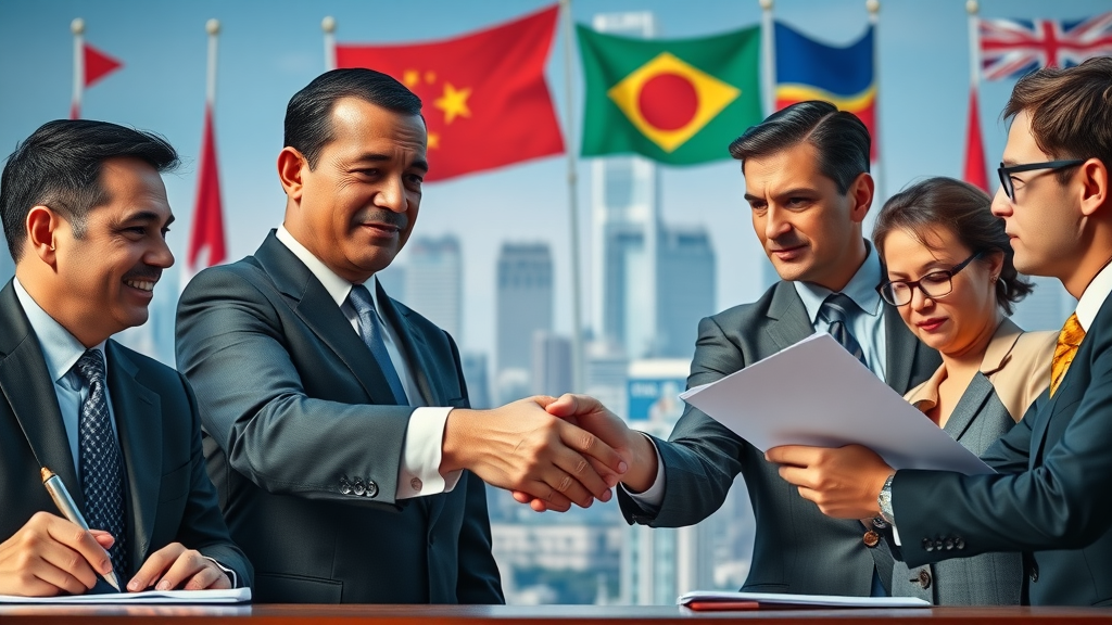 multinational delegates signing trade agreements, world flags, cityscape, business news context