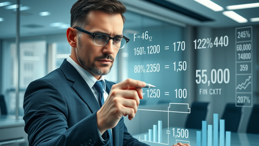 focused business analyst writing marketing ROI calculation formulas and graphs