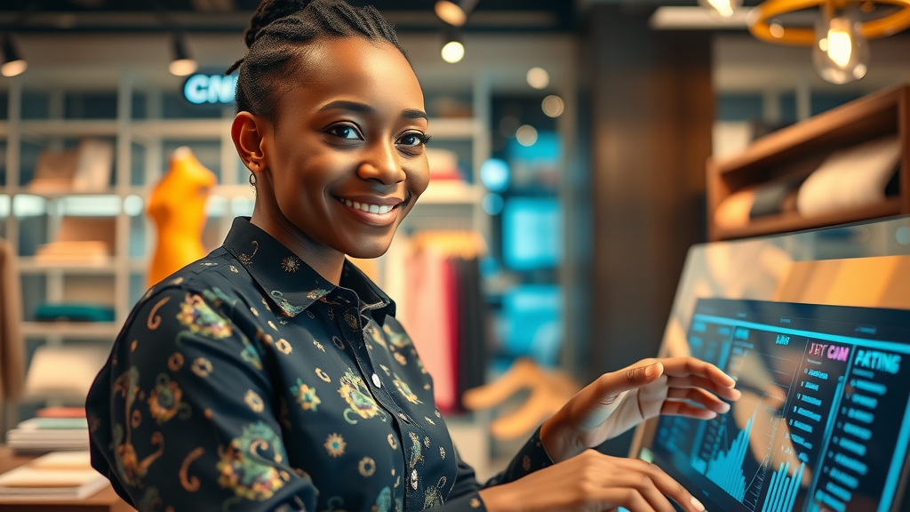 Confident minority business owner overseeing generative AI dashboard in a boutique retail shop, illustrating rapid AI adoption.