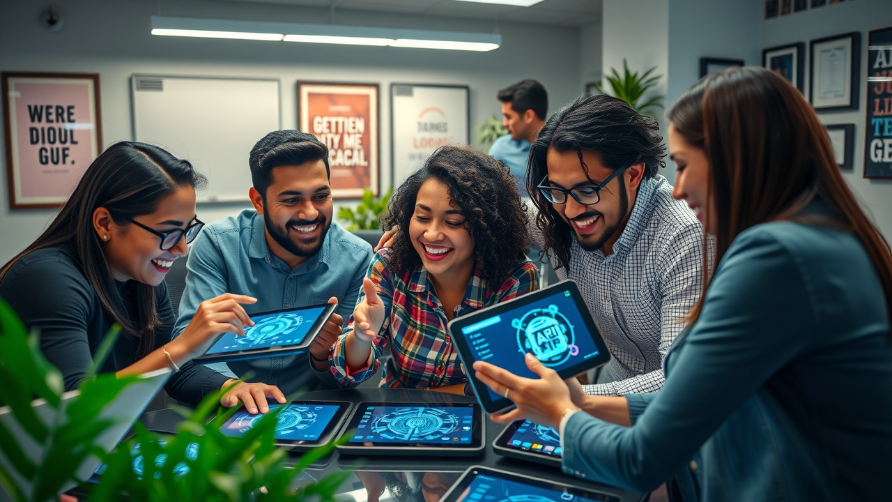 Determined small business team brainstorming generative AI strategies for a rapidly changing environment.