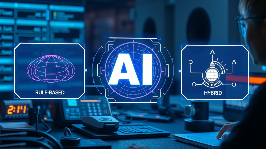 Infographic showing four AI approaches: rule-based, machine learning, generative AI, and hybrid, for business adaptability using AQ.