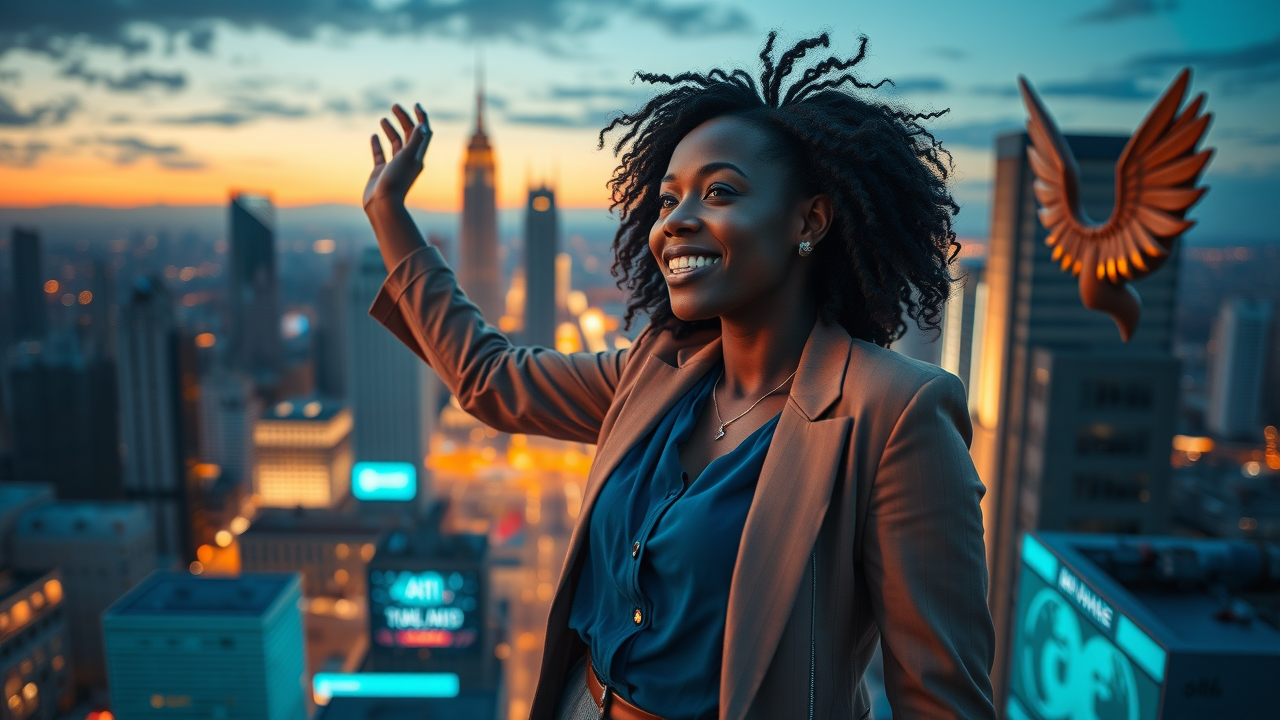 Inspiring businesswoman celebrating AI-powered success on city rooftop, symbolizing the competitive edge of using AQ in a changing world.