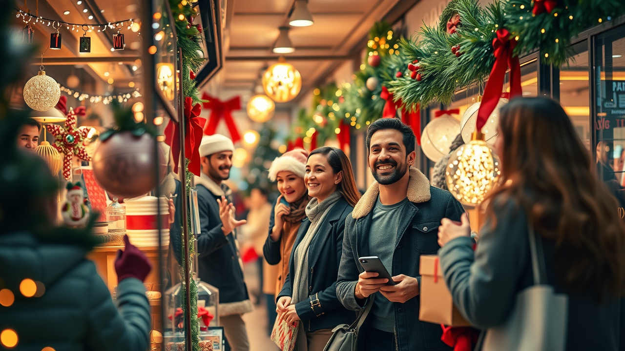 Warm and inviting holiday retail scene with shoppers interacting with festive store displays, demonstrating storytelling sell during the holidays
