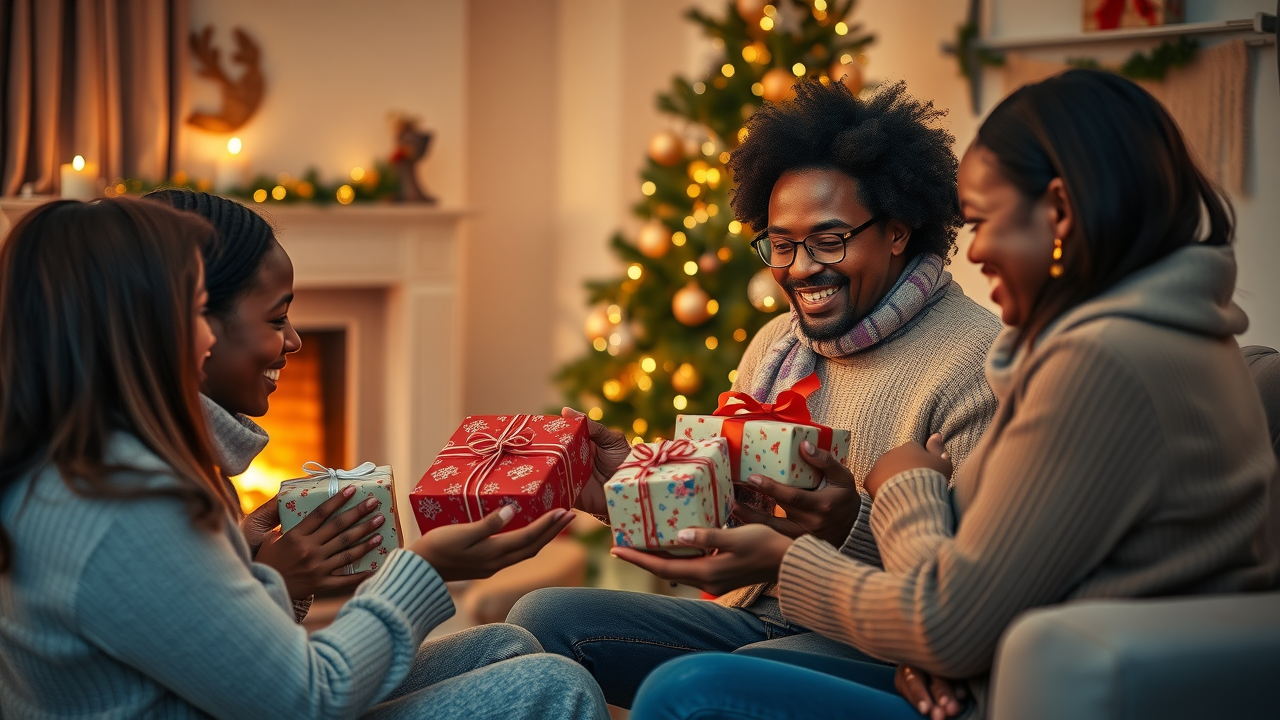 Heartfelt family exchanging holiday gifts by a decorated tree, representing emotional connections and storytelling sell during the holidays