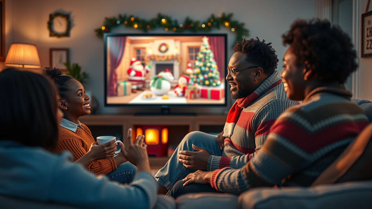 Families watching iconic holiday commercials together, showcasing storytelling sell in holiday marketing campaigns