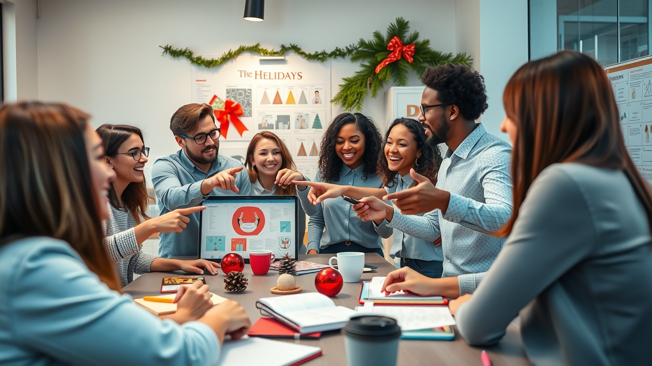 Brand team brainstorming holiday storytelling strategies, collaborating on festive ideas to drive holiday marketing