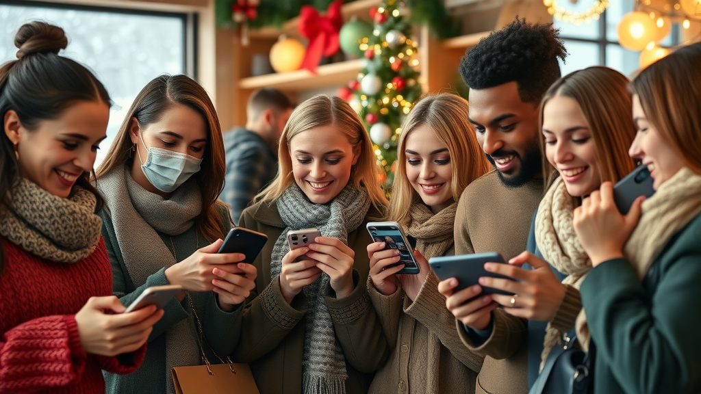 Diverse group of shoppers engaging with branded holiday stories online in a festive, decorated setting, representing holiday shoppers